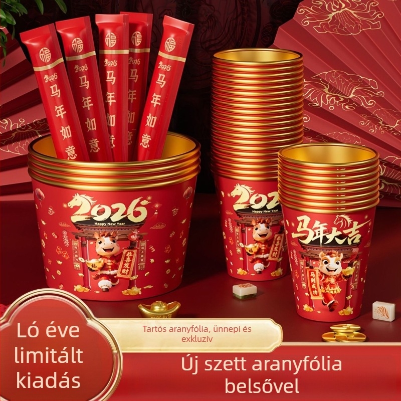 2026 Ló éve – Egyszer használatos tál- és evőpálca készlet aranyfóliával, otthoni használatra, vastított és megerősített, ünnepi papír poharak és tálak