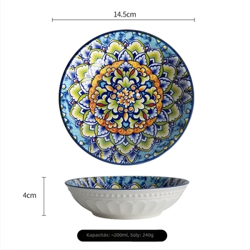 Aláglazúros kézzel festett boho kerámia tálka fűszerekhez és szószokhoz, kerek, 14–14,9 cm átmérő, virágos mintázat