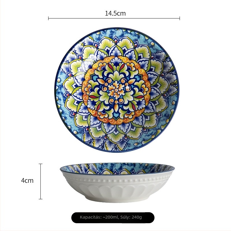 Aláglazúros kézzel festett boho kerámia tálka fűszerekhez és szószokhoz, kerek, 14–14,9 cm átmérő, virágos mintázat