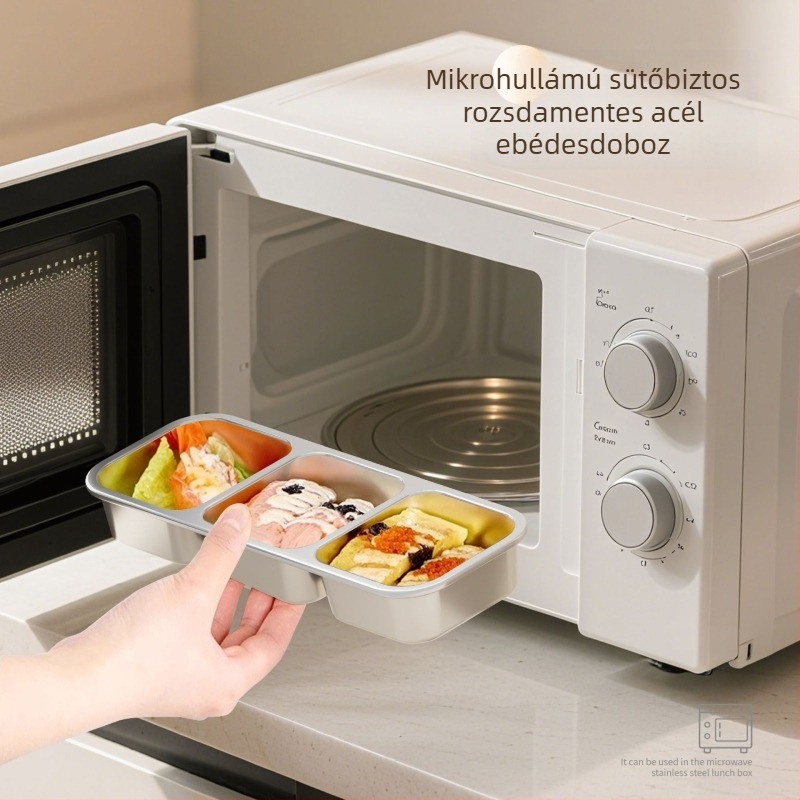 304 rozsdamentes acél ebédes doboz, kettős rekesz, 501-800 ml, mikrohullámú sütőben használható, frissesség megőrzése