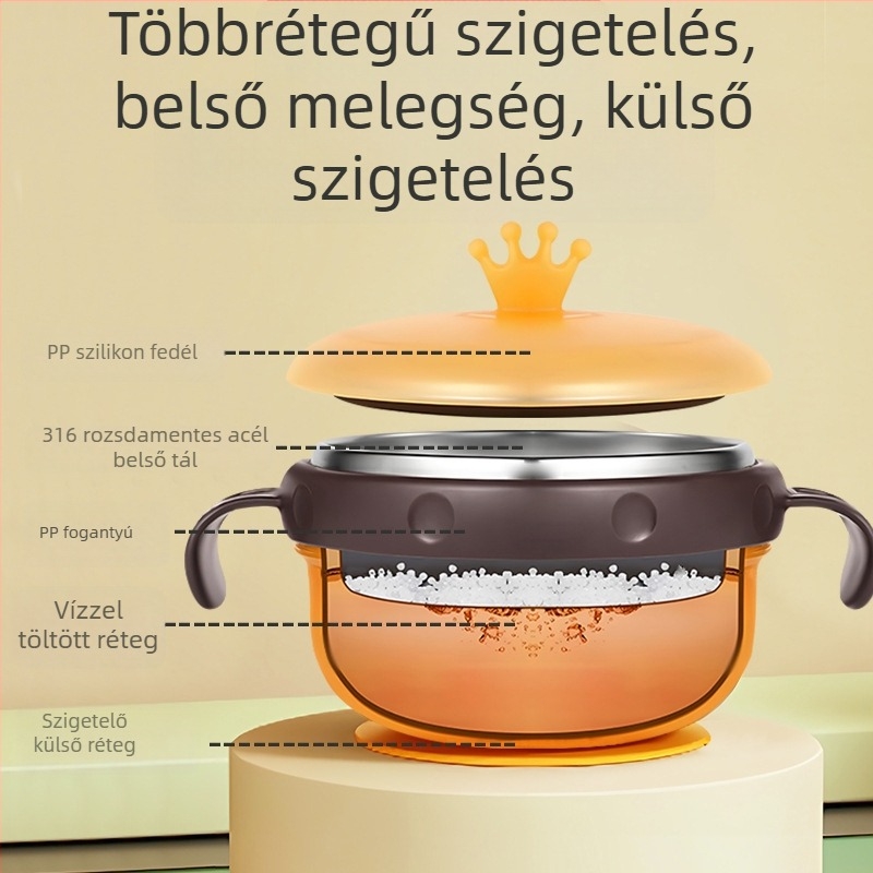 Csecsemőknek készült rozsdamentes acél etető tál szívókoronggal, szigetelt, 3 részes készlet, 6 hónaptól