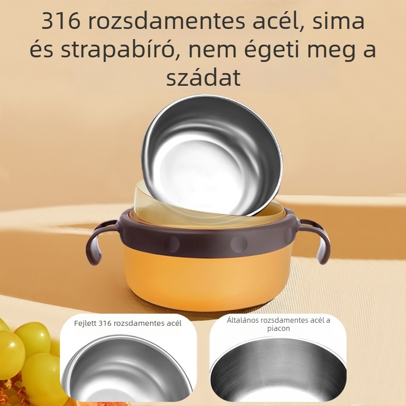 Csecsemőknek készült rozsdamentes acél etető tál szívókoronggal, szigetelt, 3 részes készlet, 6 hónaptól