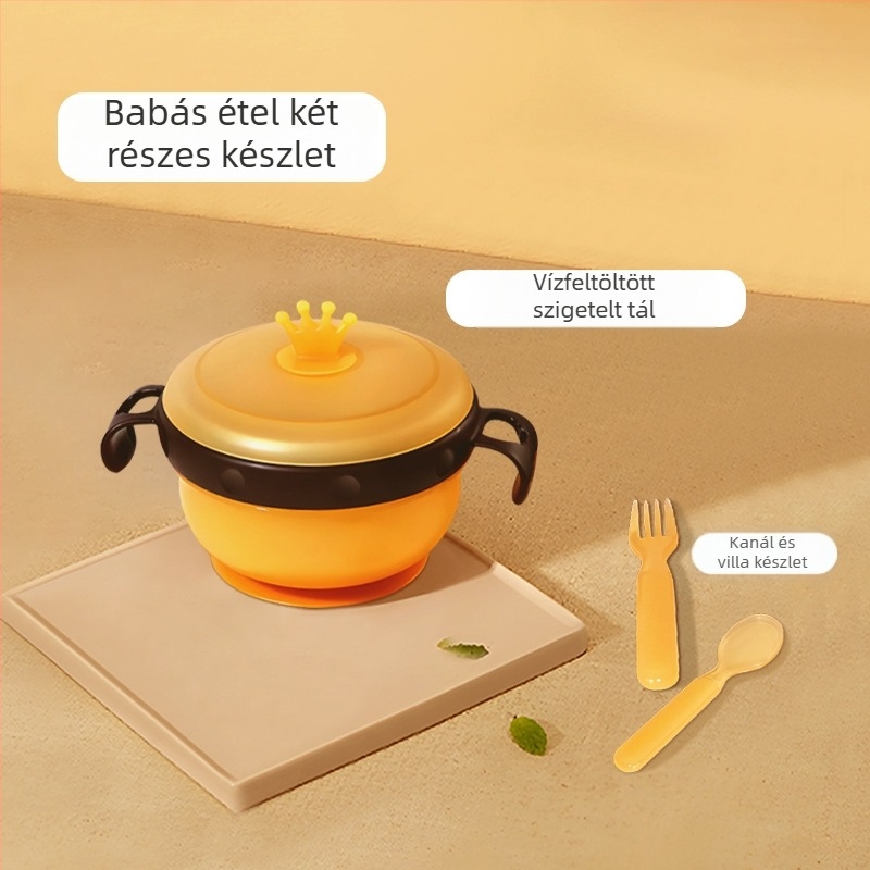 Csecsemőknek készült rozsdamentes acél etető tál szívókoronggal, szigetelt, 3 részes készlet, 6 hónaptól