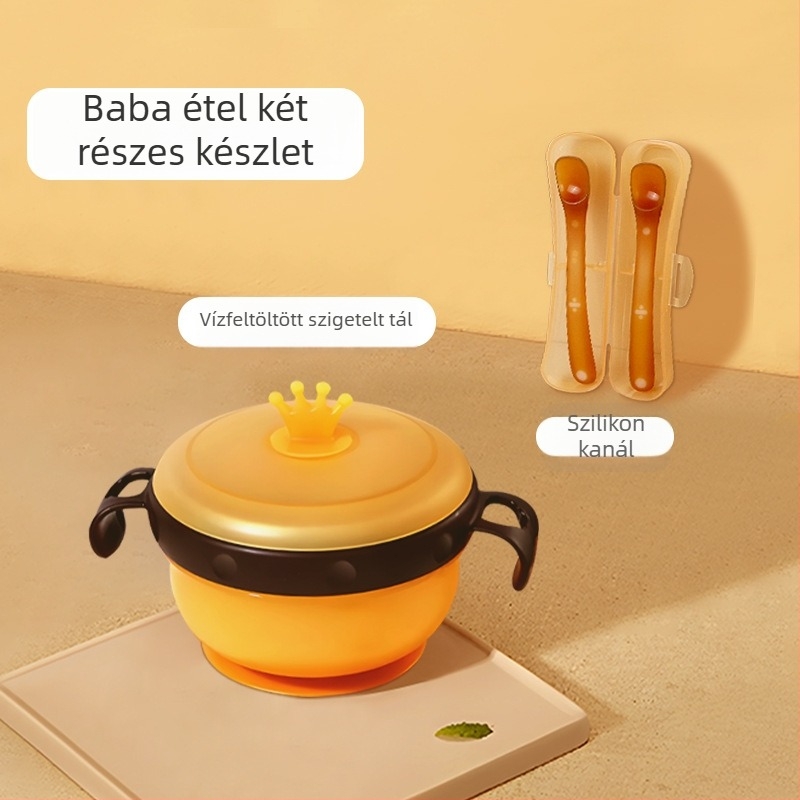 Csecsemőknek készült rozsdamentes acél etető tál szívókoronggal, szigetelt, 3 részes készlet, 6 hónaptól