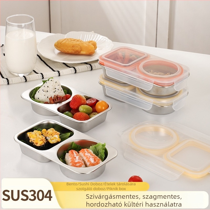 Rozsdamentes acél ebédes doboz rekeszekkel és fedővel, téglalap alakú, 501–800 ml kapacitás, melegen tart