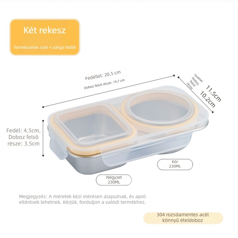 Rozsdamentes acél ebédes doboz rekeszekkel és fedővel, téglalap alakú, 501–800 ml kapacitás, melegen tart