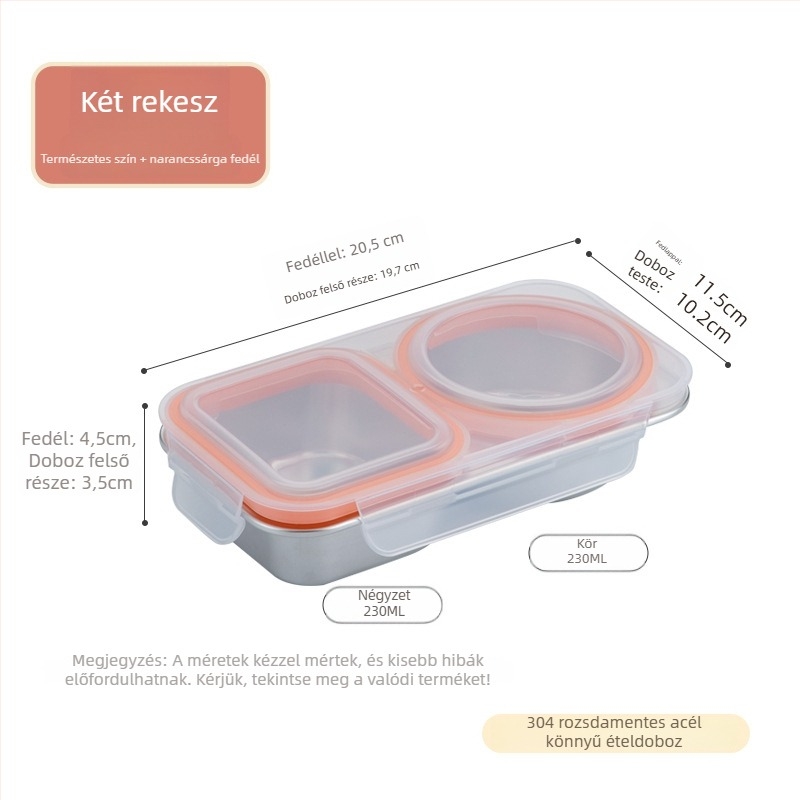 Rozsdamentes acél ebédes doboz rekeszekkel és fedővel, téglalap alakú, 501–800 ml kapacitás, melegen tart