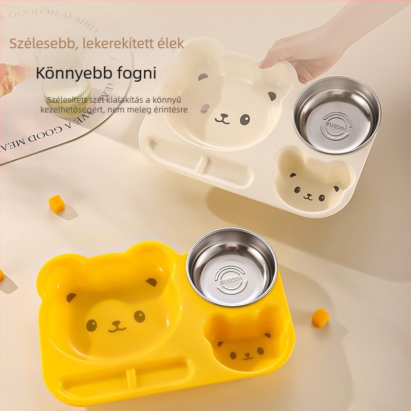 Mackó mintájú felosztott tányér, 304 rozsdamentes acélból, baba étkészlet, 6 hónapos kortól, Yichu
