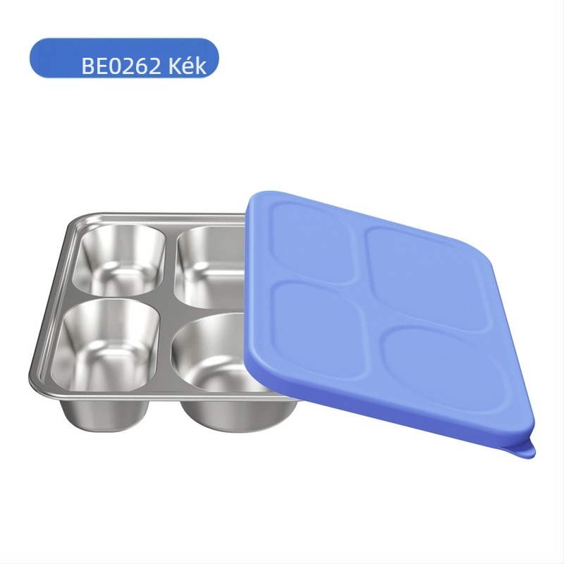Gyerekeknek készült négy rekeszű étkészlet 304 rozsdamentes acélból, szilikon fedővel — 2 darabos csomag, divatos minimalist design, 6 hónapos kortól