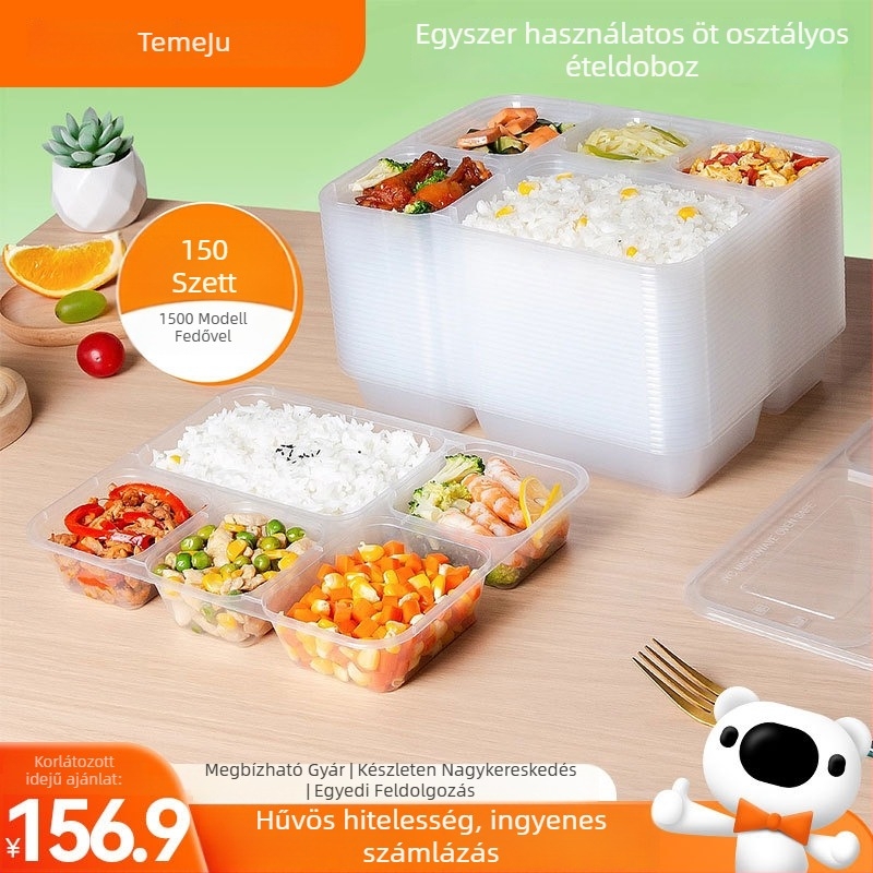 Egyszer használatos öt rekeszes ebédedoboz, PP anyagból, mikróbarát, logónyomás elérhető, kartononként 150 készlet