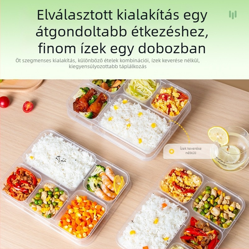 Egyszer használatos öt rekeszes ebédedoboz, PP anyagból, mikróbarát, logónyomás elérhető, kartononként 150 készlet