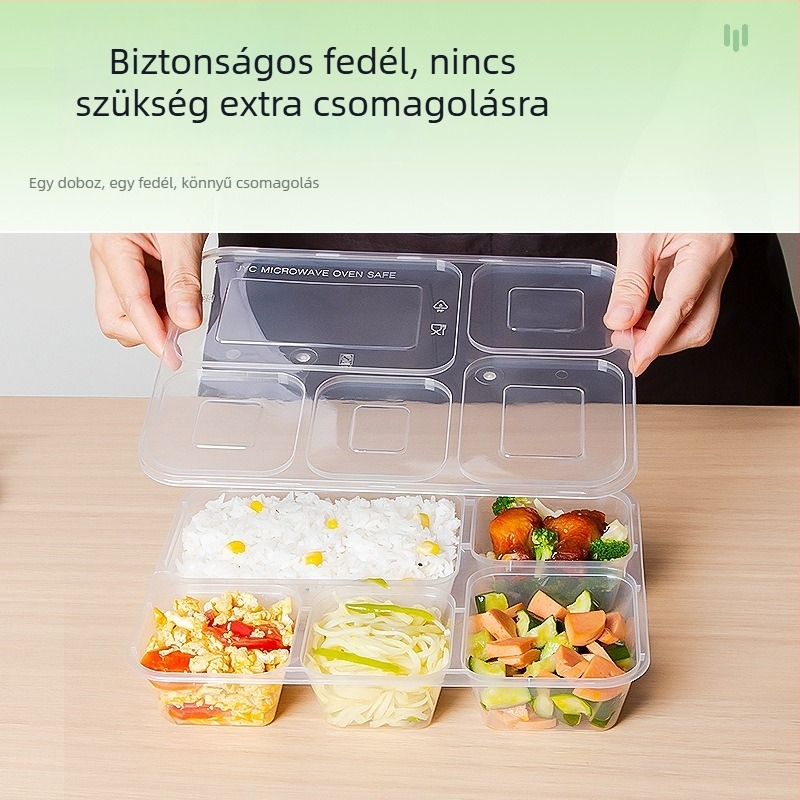 Egyszer használatos öt rekeszes ebédedoboz, PP anyagból, mikróbarát, logónyomás elérhető, kartononként 150 készlet