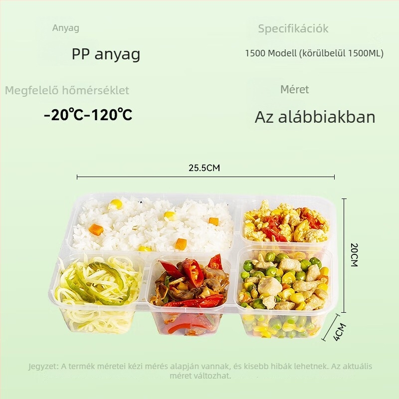 Egyszer használatos öt rekeszes ebédedoboz, PP anyagból, mikróbarát, logónyomás elérhető, kartononként 150 készlet
