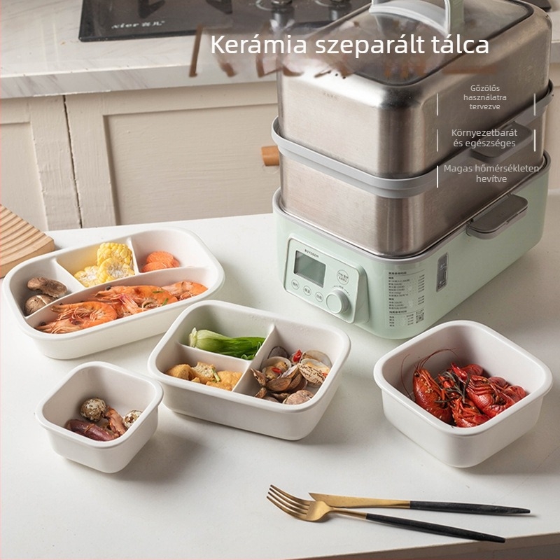 Kerámia ebédes doboz, mikrohullámú sütőben használható, 800–1000 ml, téglalap alakú, zárható fedél