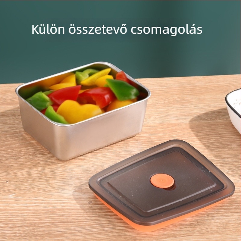 Rozsdamentes acél élelmiszer-tároló doboz, zárható, élelmiszer-minőség, hűtőbe használható, gombócok és fagyasztott ételek tárolására, gyümölcs minta tárolására, fedővel