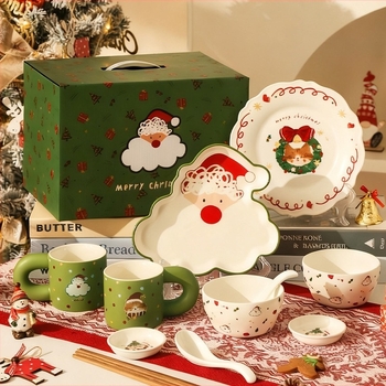 Porcelán karácsonyi 6 darabos étkészlet virágos decal mintával — modern egyszerű stílus, mikrohullámú sütőbe tehető, ajándékdobozban