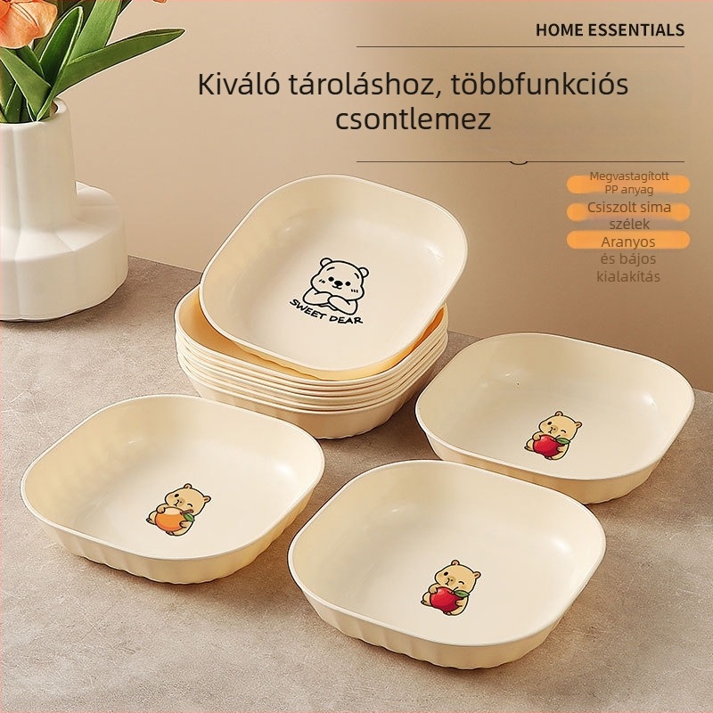 Műanyag étkészlet csont alakú tálakkal, karikatúra mintával, aranyos stílus, háztartási használatra