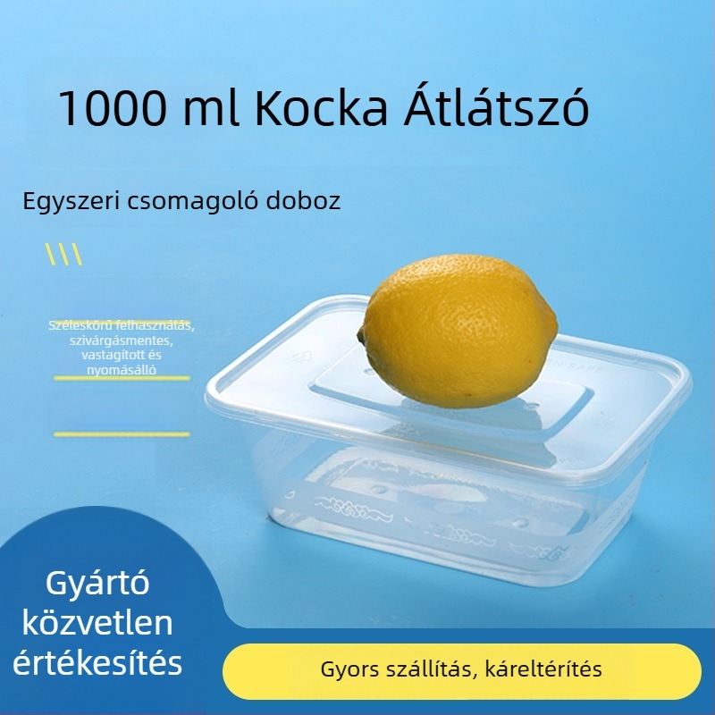 Négyszögletes egyszer használatos ebédes doboz, 1000 ml kapacitású, PP anyagból, fedővel és leveses tálával, mikróbarát és szivárgásmentes