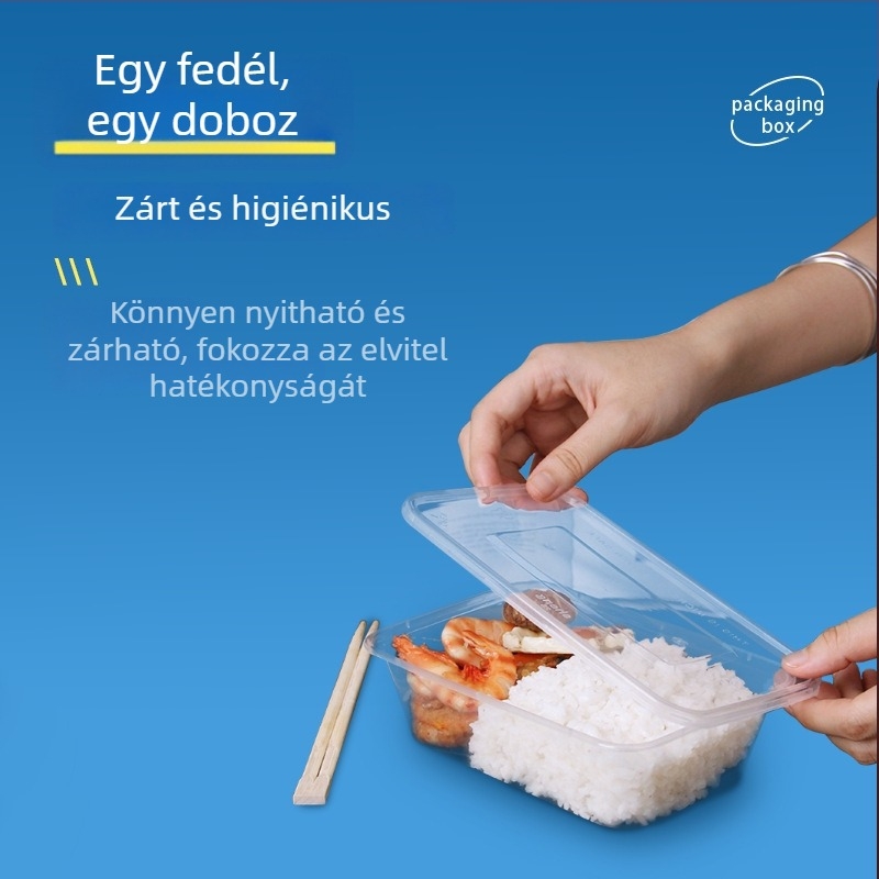 Négyszögletes egyszer használatos ebédes doboz, 1000 ml kapacitású, PP anyagból, fedővel és leveses tálával, mikróbarát és szivárgásmentes