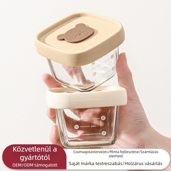 Üvegből készült bébiétel-tál párolható kialítítással és mérőskálával; zárható tárolóedény és üveg tároló doboz.