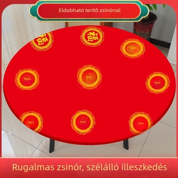 Egyszer használatos kerek esküvői asztalterítő, piros, elasztikus éllel, vastított, áldás és boldogság motívumokkal