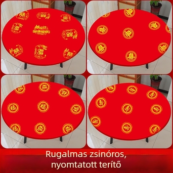 Egyszer használatos kerek esküvői asztalterítő, piros, elasztikus éllel, vastított, áldás és boldogság motívumokkal