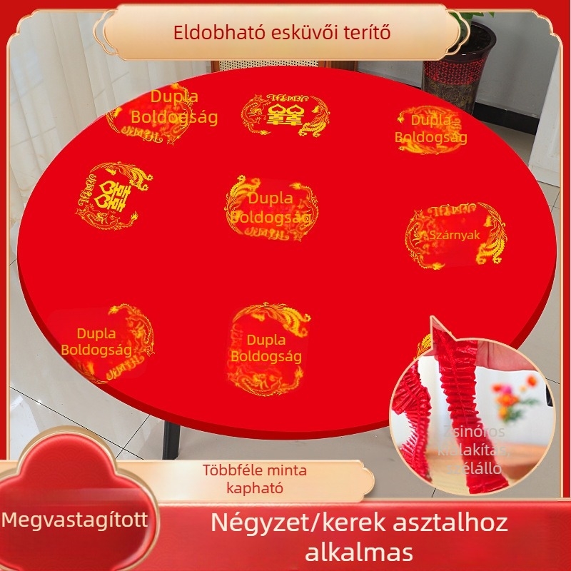 Egyszer használatos kerek esküvői asztalterítő, piros, elasztikus éllel, vastított, áldás és boldogság motívumokkal