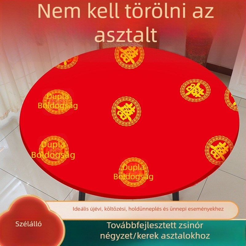 Egyszer használatos kerek esküvői asztalterítő, piros, elasztikus éllel, vastított, áldás és boldogság motívumokkal