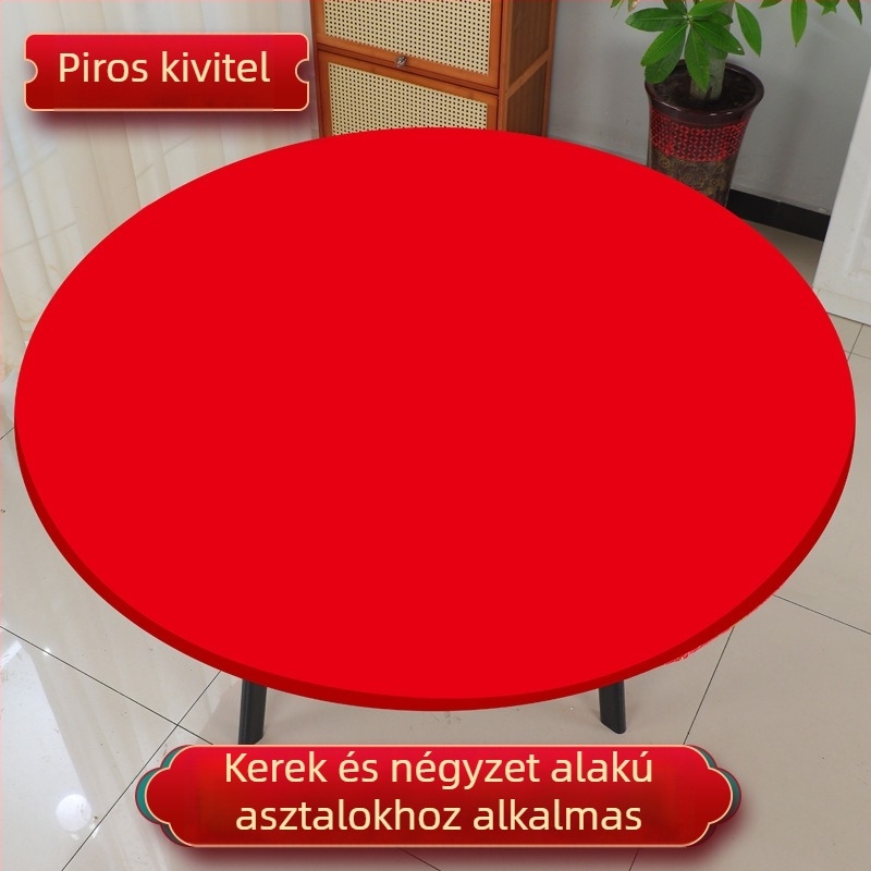 Egyszer használatos kerek esküvői asztalterítő, piros, elasztikus éllel, vastított, áldás és boldogság motívumokkal