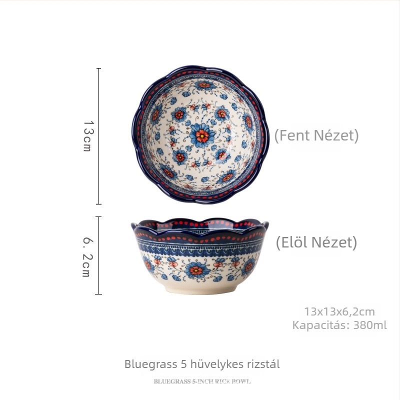 Kézzel festett alul-glazúros kerámia tál- és kanálkészlet virágos etnikus mintával, könnyű luxus retro stílus, kapacitás 2000 ml