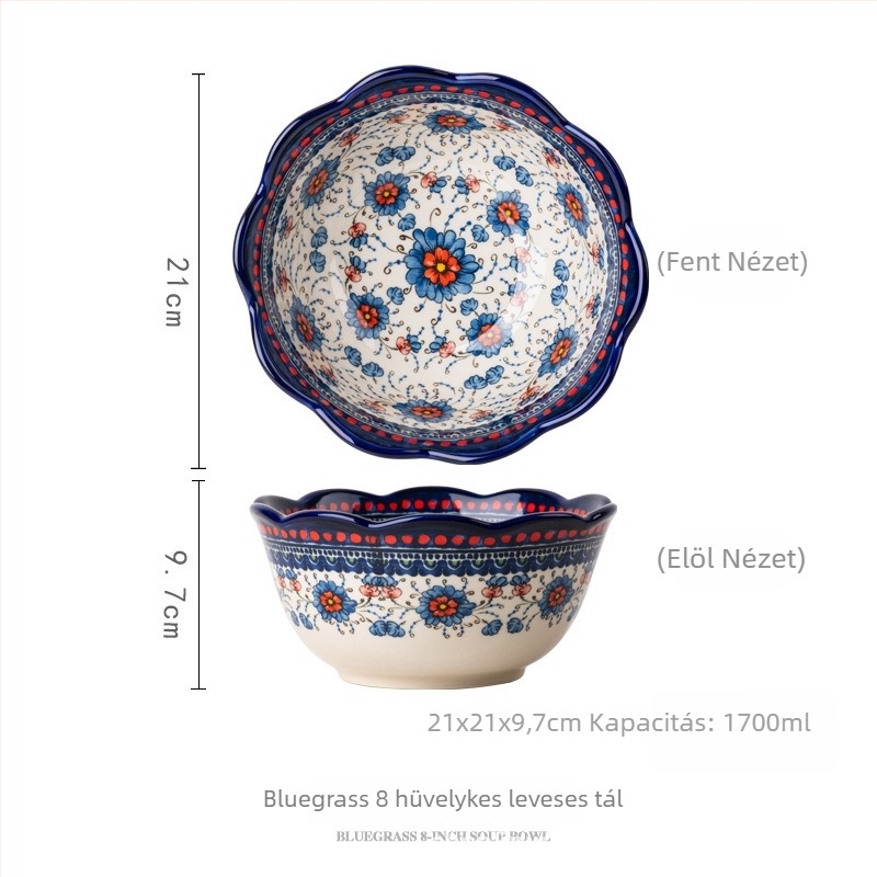 Kézzel festett alul-glazúros kerámia tál- és kanálkészlet virágos etnikus mintával, könnyű luxus retro stílus, kapacitás 2000 ml