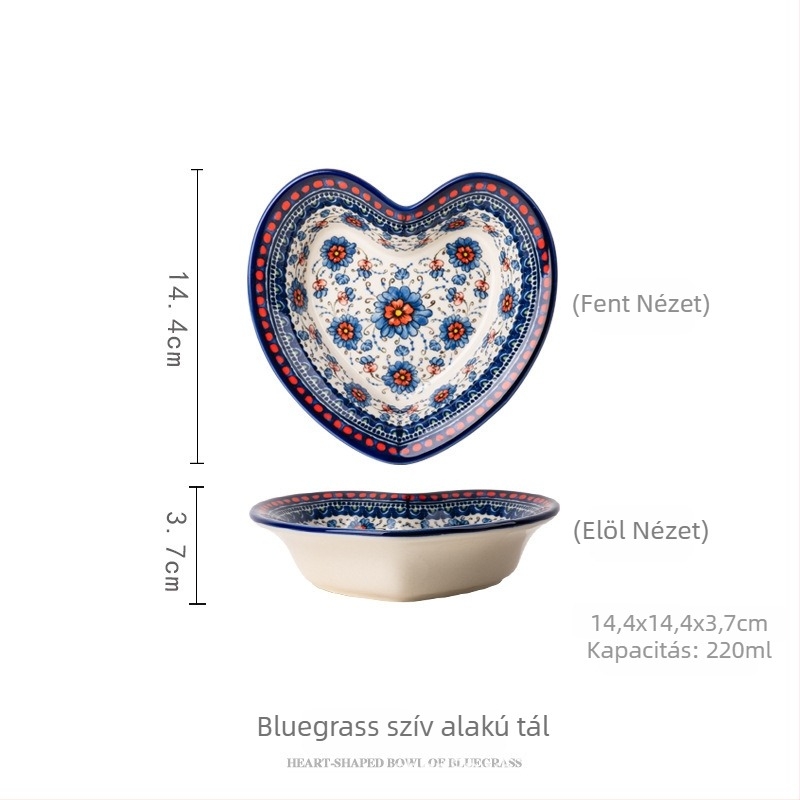 Kézzel festett alul-glazúros kerámia tál- és kanálkészlet virágos etnikus mintával, könnyű luxus retro stílus, kapacitás 2000 ml