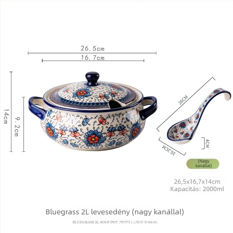 Kézzel festett alul-glazúros kerámia tál- és kanálkészlet virágos etnikus mintával, könnyű luxus retro stílus, kapacitás 2000 ml