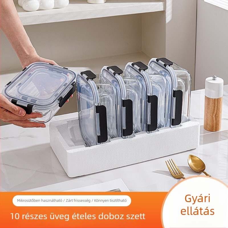 Négyszögletes ebédes doboz készlet boroszilikát üvegből, 10 darab, hőálló, frissesség megőrzése