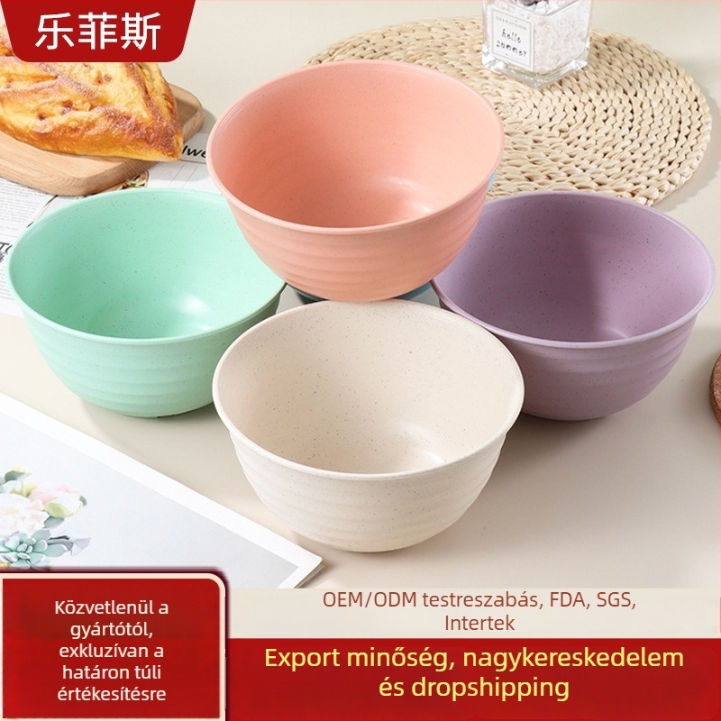 Műanyag tál búzaszalmából, vastított, leesés elleni, kerek formájú leveses/ramen tál, 17–18 cm, háztartási használatra.