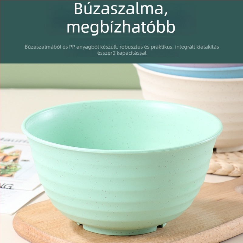 Műanyag tál búzaszalmából, vastított, leesés elleni, kerek formájú leveses/ramen tál, 17–18 cm, háztartási használatra.