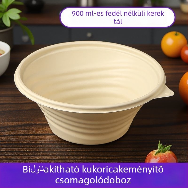 Egyszer használatos fedél nélküli 900 kör alakú konikus tál, kukoricasztiából készült biológiailag lebomló ebédtál, élelmiszer-minőségű csomagolás