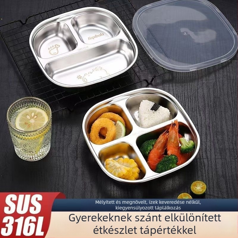 Kaihuang 316 rozsdamentes acél gyerekeknek készült tányér osztott rekeszekkel és mélyedésekkel – karikatúra stílus