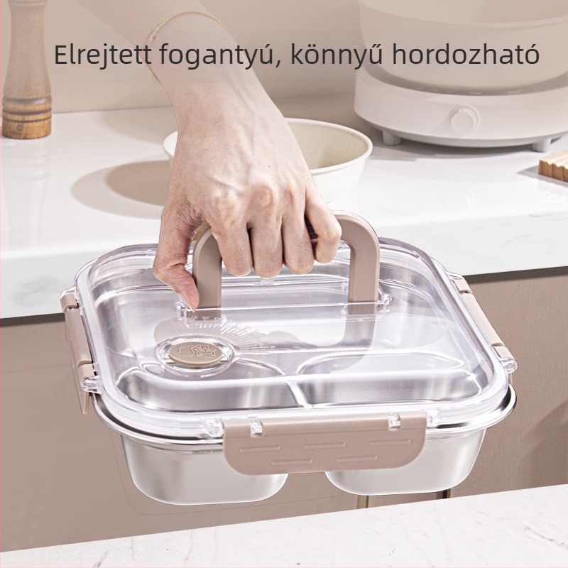 304 rozsdamentes acél ebédes doboz, négyzetes alakú, 3- vagy 4 rekesz, kapacitás 2.1-3 L, egy rétegű, zárható, friss ételeket tart