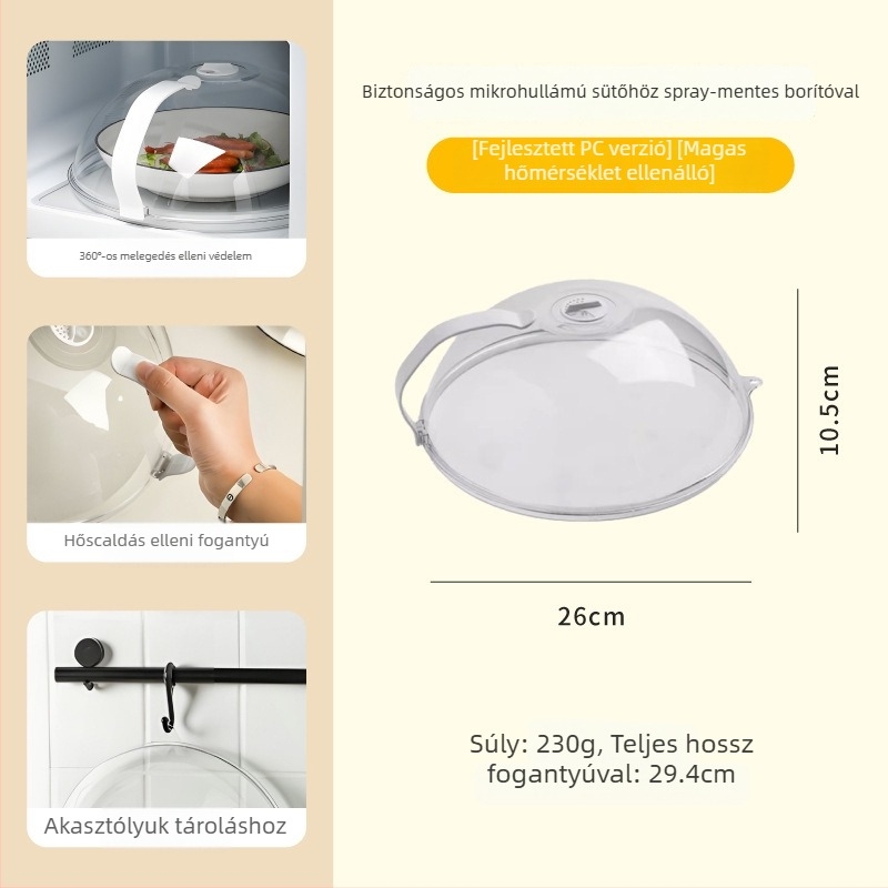 Mikrohullámú sütő fröccsenés elleni fedő, műanyagból, modern egyszerű dizájn, 200 g, hőálló
