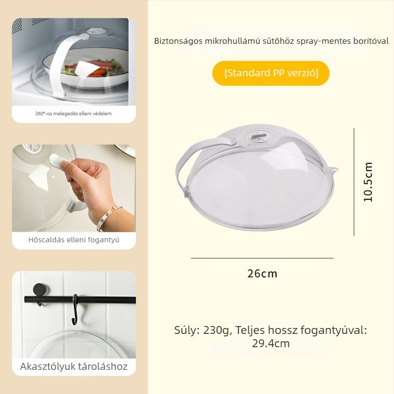 Mikrohullámú sütő fröccsenés elleni fedő, műanyagból, modern egyszerű dizájn, 200 g, hőálló