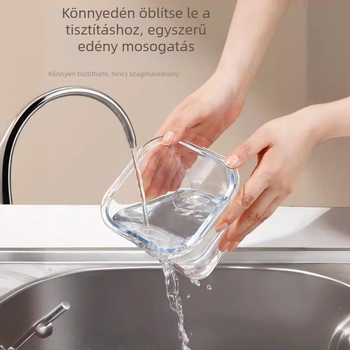 Borosziláta üveg ételtároló doboz szeparátorokkal, mikrohullámú sütőben használható, frissesség megőrzése, hőálló, tartalmaz leveses tálat