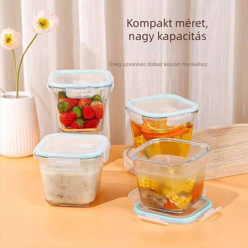 Borosziláta üveg ételtároló doboz szeparátorokkal, mikrohullámú sütőben használható, frissesség megőrzése, hőálló, tartalmaz leveses tálat