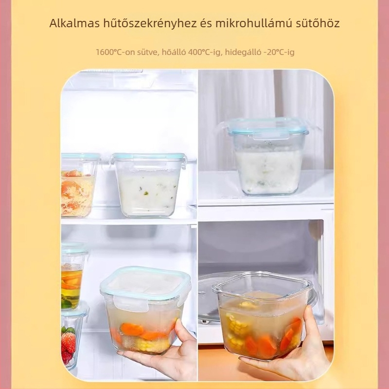 Borosziláta üveg ételtároló doboz szeparátorokkal, mikrohullámú sütőben használható, frissesség megőrzése, hőálló, tartalmaz leveses tálat