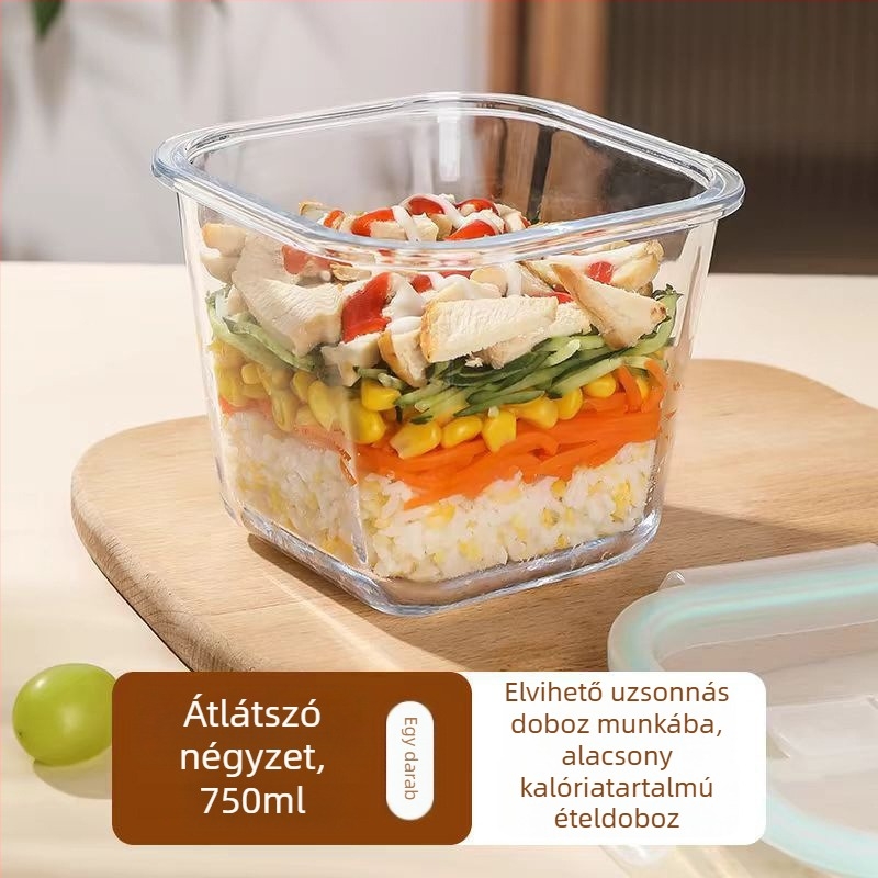 Borosziláta üveg ételtároló doboz szeparátorokkal, mikrohullámú sütőben használható, frissesség megőrzése, hőálló, tartalmaz leveses tálat