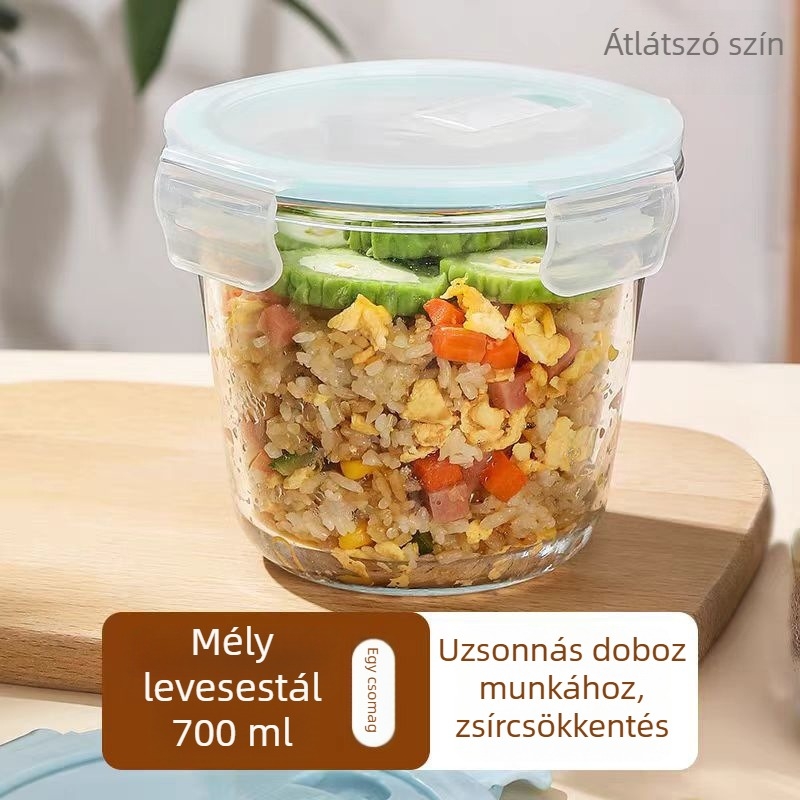 Borosziláta üveg ételtároló doboz szeparátorokkal, mikrohullámú sütőben használható, frissesség megőrzése, hőálló, tartalmaz leveses tálat