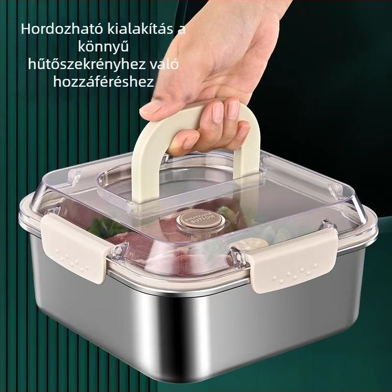 Ebédes doboz 304 rozsdamentes acélból, légmentesen záródó fedéllel, élelmiszer-minőségű, szögletes, egy rétegű, kapacitás 1–2 L
