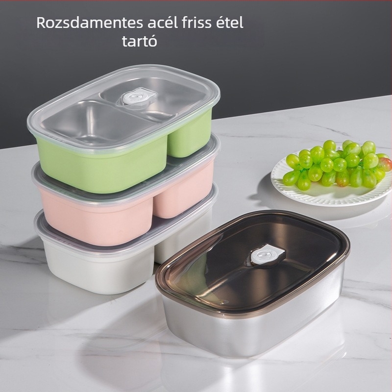 304 rozsdamentes acél ebédes doboz, téglalap alakú, mikrohullámú sütőben használható, kapacitás 1–2 L