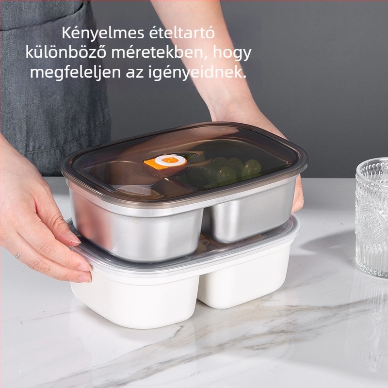 304 rozsdamentes acél ebédes doboz, téglalap alakú, mikrohullámú sütőben használható, kapacitás 1–2 L