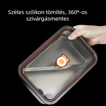 Rozsdamentes acélból készült, téglalap alakú tárolóedény fedővel; élelmiszerek tárolására; mikrohullámú sütőben nem használható; háztartási konyhai használatra.